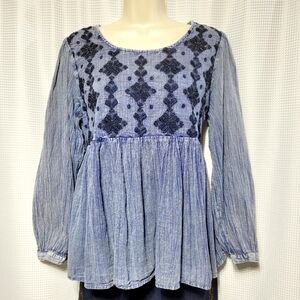 Rachel Zoe Cotton Embroidered Denim Gauze Textured Baby Doll Pop Over Blouse (M)